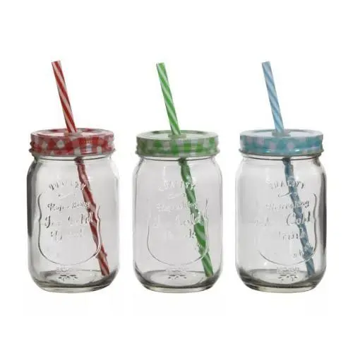 Picture of Juice Glass Straw Jar with Lid and Straw Summer Ice Cream Fruit Cold Drinking Water Jars Cold Coffee Juice Cup Glass Mason Jar 500 ml - Coffee Mug - Multicolor