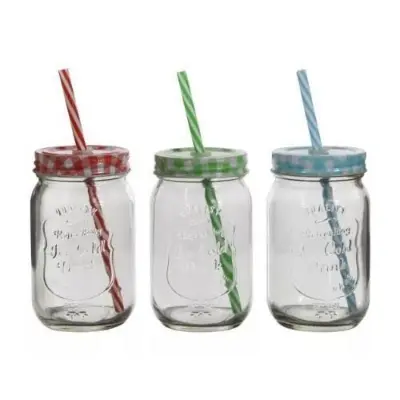 Picture of Juice Glass Straw Jar with Lid and Straw Summer Ice Cream Fruit Cold Drinking Water Jars Cold Coffee Juice Cup Glass Mason Jar 500 ml - Coffee Mug - Multicolor
