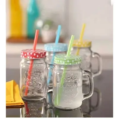 Picture of Juice Glass Straw Jar with Lid and Straw Summer Ice Cream Fruit Cold Drinking Water Jars Cold Coffee Juice Cup Glass Mason Jar 500 ml - Coffee Mug - Multicolor