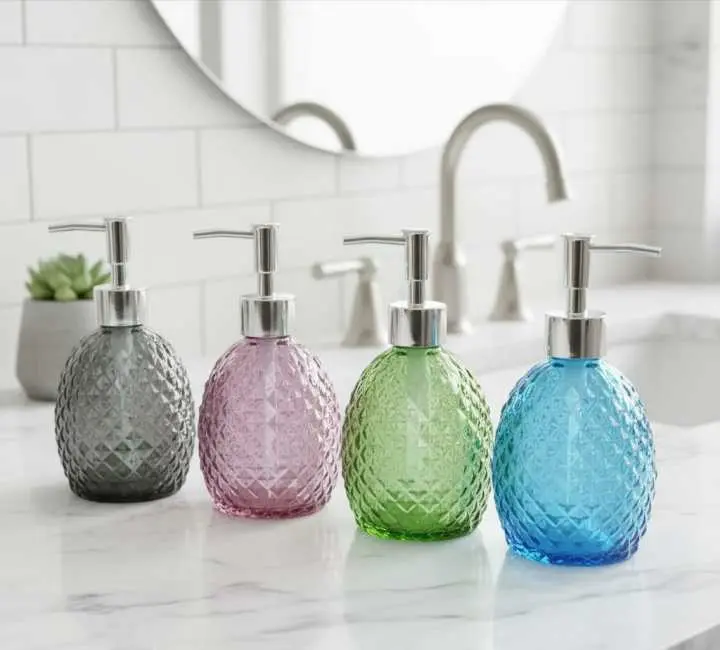 Picture of Glass Soap Dispenser with Rust Proof Pump, Refillable Liquid Hand Soap Dispenser for Bathroom, Premium Kitchen handwash Dispenser (Clear) Diamond Design - Multicolor