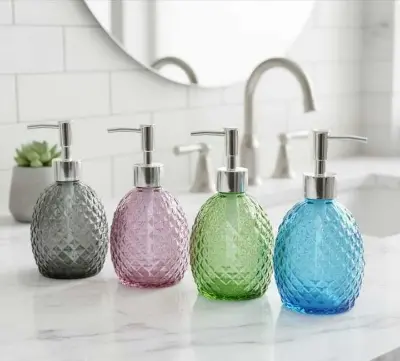 Picture of Glass Soap Dispenser with Rust Proof Pump, Refillable Liquid Hand Soap Dispenser for Bathroom, Premium Kitchen handwash Dispenser (Clear) Diamond Design - Multicolor