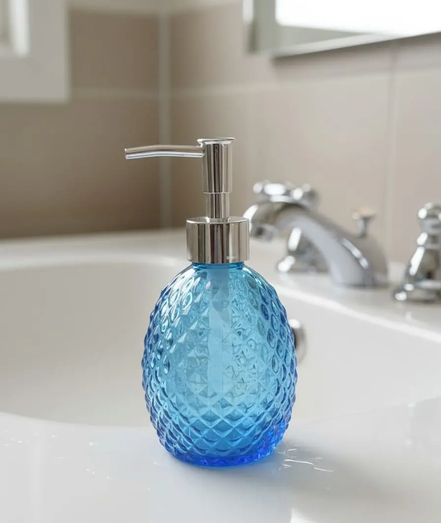 Picture of Glass Soap Dispenser with Rust Proof Pump, Refillable Liquid Hand Soap Dispenser for Bathroom, Premium Kitchen handwash Dispenser (Clear) Diamond Design - Multicolor