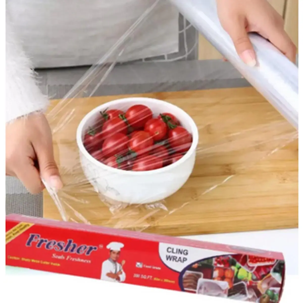 Picture of Fresher Plastic Stretch Wrap Clear Cling Food Grade PE Vinyl Film Plastic Wrapping Paper Roll 60 meter Ideal food Wrapping paper for Keeping Food Fresh - Multicolor