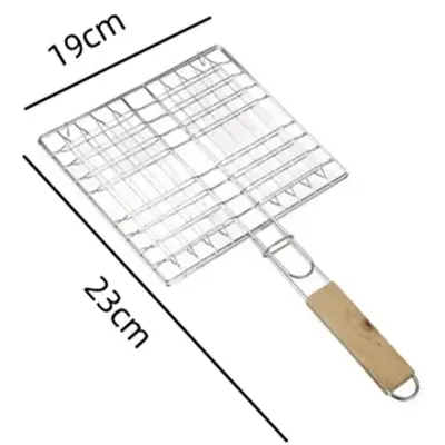 Picture of Fish Basket Holder Wooden Handle Rack Grilled Clip Net BBQ Helper - Silver