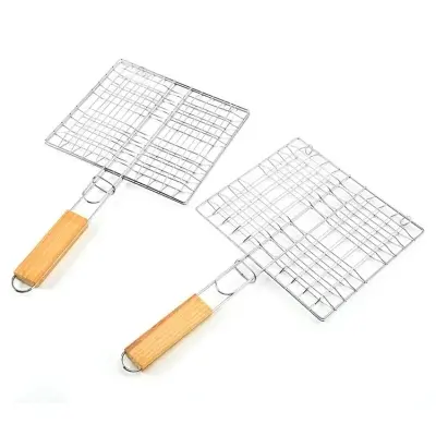 Picture of Fish Basket Holder Wooden Handle Rack Grilled Clip Net BBQ Helper - Silver