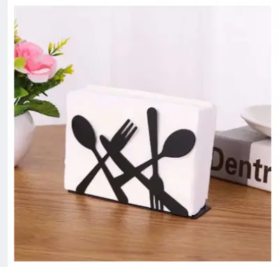 Picture of Fashion kitchen iron art craft black spoon fork knife napkin paper holder tissue block rack home - Black