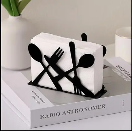 Picture of Fashion kitchen iron art craft black spoon fork knife napkin paper holder tissue block rack home - Black