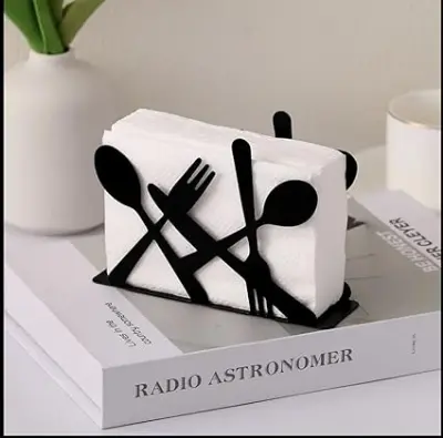 Picture of Fashion kitchen iron art craft black spoon fork knife napkin paper holder tissue block rack home - Black