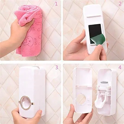 Picture of Plastic Automatic Hands-Free Wall Mounted Toothpaste Dispenser Toothpaste Squeezer with Sticky Suction Pad & 5 Toothbrush Holder - White
