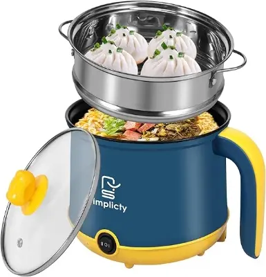 Picture of Electric Hot Pot 1.8L Mini Electric Cooking Pot with Steam Rack & Handle, 2 Gear Non-Stick Skillet Cooker Dry Protection Heating Boil Rapid Ramen Noodles Cooker for Soup Porridge - Multicolor
