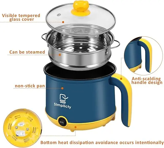 Picture of Electric Hot Pot 1.8L Mini Electric Cooking Pot with Steam Rack & Handle, 2 Gear Non-Stick Skillet Cooker Dry Protection Heating Boil Rapid Ramen Noodles Cooker for Soup Porridge - Multicolor