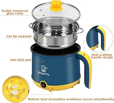 Picture of Electric Hot Pot 1.8L Mini Electric Cooking Pot with Steam Rack & Handle, 2 Gear Non-Stick Skillet Cooker Dry Protection Heating Boil Rapid Ramen Noodles Cooker for Soup Porridge - Multicolor