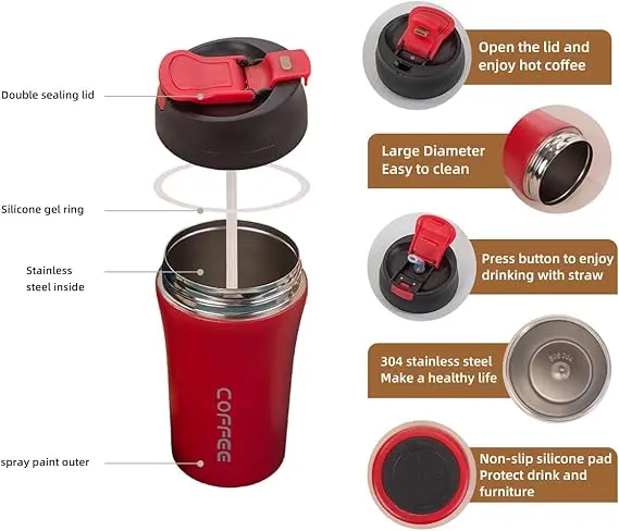 Picture of Coffee Travel Mug Stainless Steel Vacuum Coffee Cup Leakproof with Screw Lid Double Wall Coffee Tumbler Reusable Thermal Cup for Hot/Iced Beverage - 400ml - Multicolor