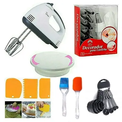 Picture of Cake Baking Combo Set Electric Hand Mixer, Cake Turning Table, Spatula and Oil Brush Set, Cake nozzles Set, Cake scrapers 3 pcs, 8 pcs Spoon Set (Multicolour) - Multicolor