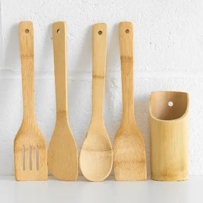 Picture of Bamboo Cooking Spoon 4 pieces set with Holder (11.5×1.5×0.25 Inches) - randim