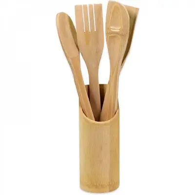 Picture of Bamboo Cooking Spoon 4 pieces set with Holder (11.5×1.5×0.25 Inches) - Multicolor