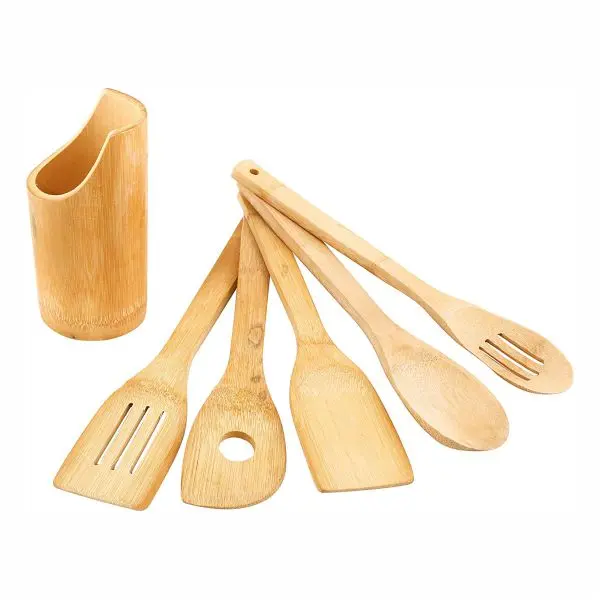 Picture of Bamboo Cooking Spoon 4 pieces set with Holder (11.5×1.5×0.25 Inches) - Multicolor