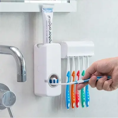 Picture of Automatic Toothpaste Dispenser and Brush Holder Set - White