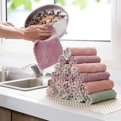 Picture of 5pcs/set Household Kitchen Towels Absorbent Thicker Double-layer Microfiber Wipe Table Kitchen Towel - Multicolor