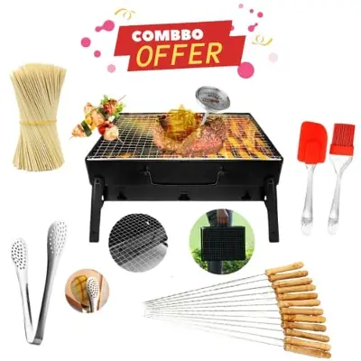 Picture of 5-In-1 Combo Offer BBQ Machine+12 Pieces BBQ Stick+2 Pieces Silicone Oil Brush+Steel Food Clip+Bamboo Shashlik Stick 8 inch 1 Pack 7 Ratings - Black