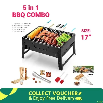 Picture of 5-In-1 Combo Offer 17 inch BBQ Machine+12 Pieces BBQ Stick+2 Pieces Silicone Oil Brush+Steel Food Clip+Bamboo Shashlik Stick 8 inch 1 Pack - Black