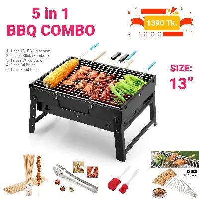 Picture of 5-In-1 Combo Offer 13 inch BBQ Machine+12 Pieces BBQ Stick+2 Pieces Silicone Oil Brush+Steel Food Clip+Bamboo Shashlik Stick 8 inch 1 Pack - Black