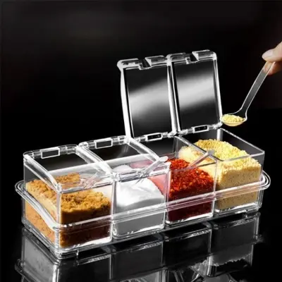 Picture of 4 IN 1 Crystal Seasoning Box Acrylic Spice Container Jar Condiment Dispenser With Spoon Set - Multicolor