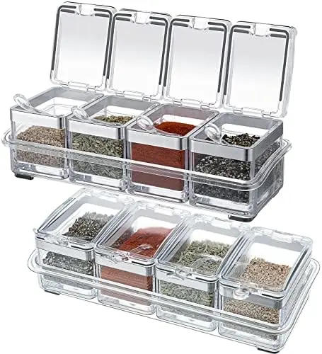 Picture of 4 IN 1 Crystal Seasoning Box Acrylic Spice Container Jar Condiment Dispenser With Spoon Set - Multicolor