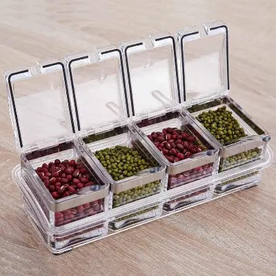 Picture of 4 IN 1 Crystal Seasoning Box Acrylic Spice Container Jar Condiment Dispenser With Spoon Set - Multicolor