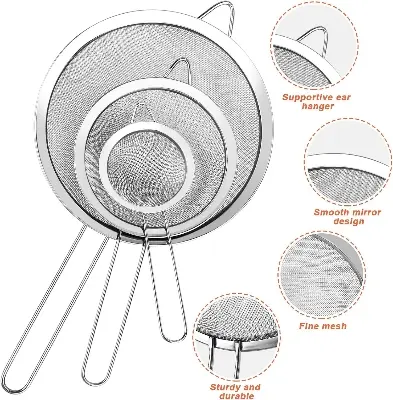 Picture of 3Pcs Super Wire Extra Fine Mesh Strainer with Handle, Small Medium Large Size Sifter Metal, Stainless Steel Sieve Strainers for Kitchen Rice Juice Quinoa Food Flour Baking - Silver