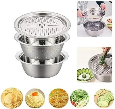 Picture of 3pcs stainless steel pot vegetable cutter slicer drain basket sieve Kitchen Tool grater strainer Rice Washing Filter - Silver