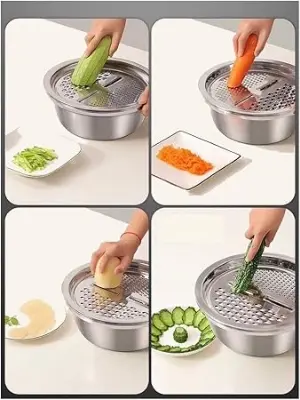 Picture of 3pcs stainless steel pot vegetable cutter slicer drain basket sieve Kitchen Tool grater strainer Rice Washing Filter - Silver