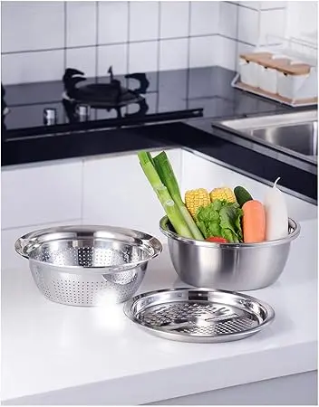 Picture of 3pcs stainless steel pot vegetable cutter slicer drain basket sieve Kitchen Tool grater strainer Rice Washing Filter - Silver