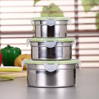 Picture of 3Pcs Round Lunch Box Stainless Steel Lunch Box 280/500 / 900Ml Leakproof Lunch Box - Multicolor