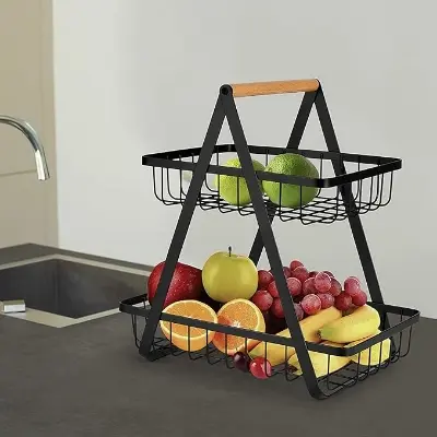Picture of 2-Tier Countertop Fruit Basket Storage, Vegetable Rack Bread Display Stand For Kitchen - Black - Organize - Black