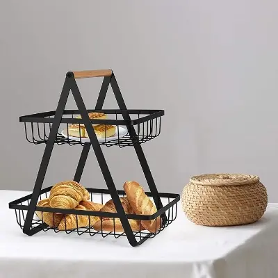 Picture of 2-Tier Countertop Fruit Basket Storage, Vegetable Rack Bread Display Stand For Kitchen - Black - Organize - Black