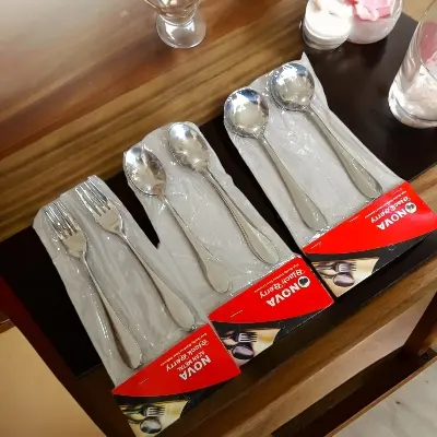 Picture of 18 pcs set 6pcs Tea, 6 pcs fork spoon and 6 pcs round sup spoon stainless steel spoon, silver color spoon for Tableware super cutlery 15cm long spoons set(18pcs set) - Silver