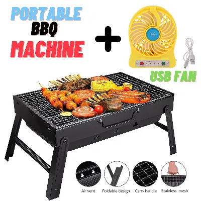 Picture of 17 inch Portable Foldable BBQ Grills Patio Barbecue Charcoal Grill Stove Stainless Steel Outdoor Camping Picnic with Hi Speed Rechargeable Mini USB Fan - Black
