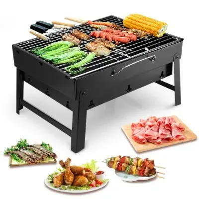 Picture of 17 inch Portable Foldable BBQ Grills Patio Barbecue Charcoal Grill Stove Stainless Steel Outdoor Camping Picnic with Hi Speed Rechargeable Mini USB Fan - Black