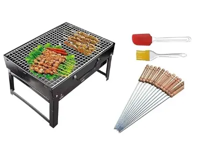 Picture of 13 inch bbq machine Popular Combo Portable Charcoal Barbeque Grill With 12 Skewers, Oil Brush & Spatula (Metal, Black), Free Standing - Black
