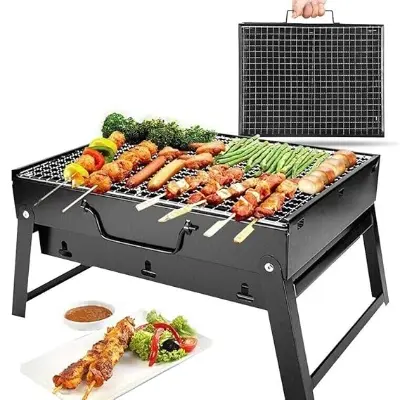 Picture of 13 inch bbq machine Popular Combo Portable Charcoal Barbeque Grill With 12 Skewers, Oil Brush & Spatula (Metal, Black), Free Standing - Black