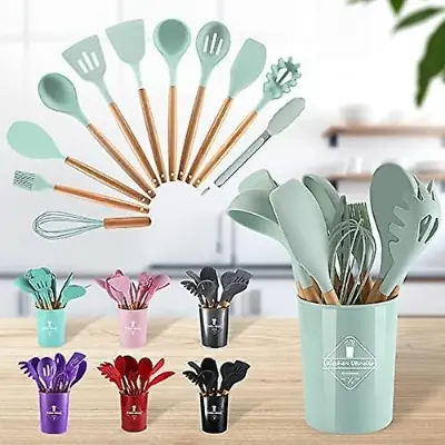 Picture of 12pcs Wooden Silicone Kitchen Utensil Nonstick - Multicolor