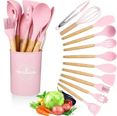 Picture of 12pcs Wooden Silicone Kitchen Utensil Nonstick - Multicolor