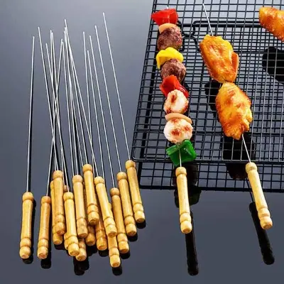 Picture of 12 Pieces 38cm Barbecue Skewers Wooden Handle BBQ Meat Needle Roast Fork Kebab Stick Barbecue Tools   12 Pieces 38cm Barbecue Skewers Wooden Handle BBQ Meat Needle Roast Fork Kebab Stick Barbecue Tools 12 Pieces 38cm