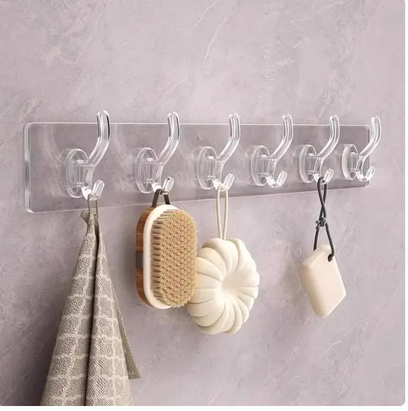 Picture of 6 In 1 Self Adhesive Wall Hooks Waterproof Transparent Adhesive Hooks for Wall Hook - White