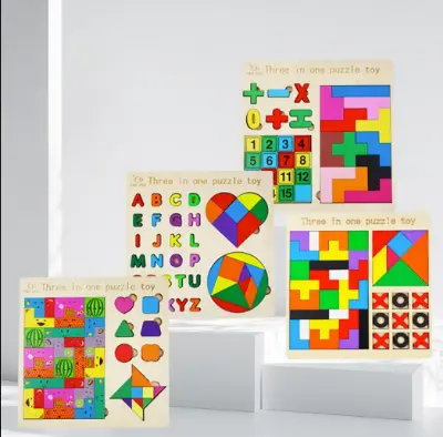 Picture of Kids Puzzle- 3 In 1 Montessori Wooden Puzzles-Colour Cognitive Sorting Mathematical Calculation Intelligence Puzzle Jigsaw Board For Kids