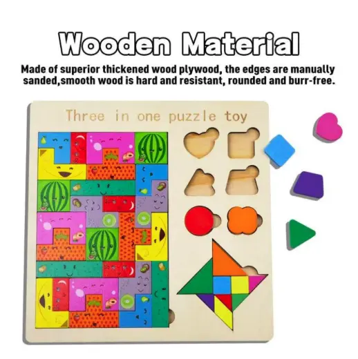 Picture of Kids Puzzle- 3 In 1 Montessori Wooden Puzzles-Colour Cognitive Sorting Mathematical Calculation Intelligence Puzzle Jigsaw Board For Kids
