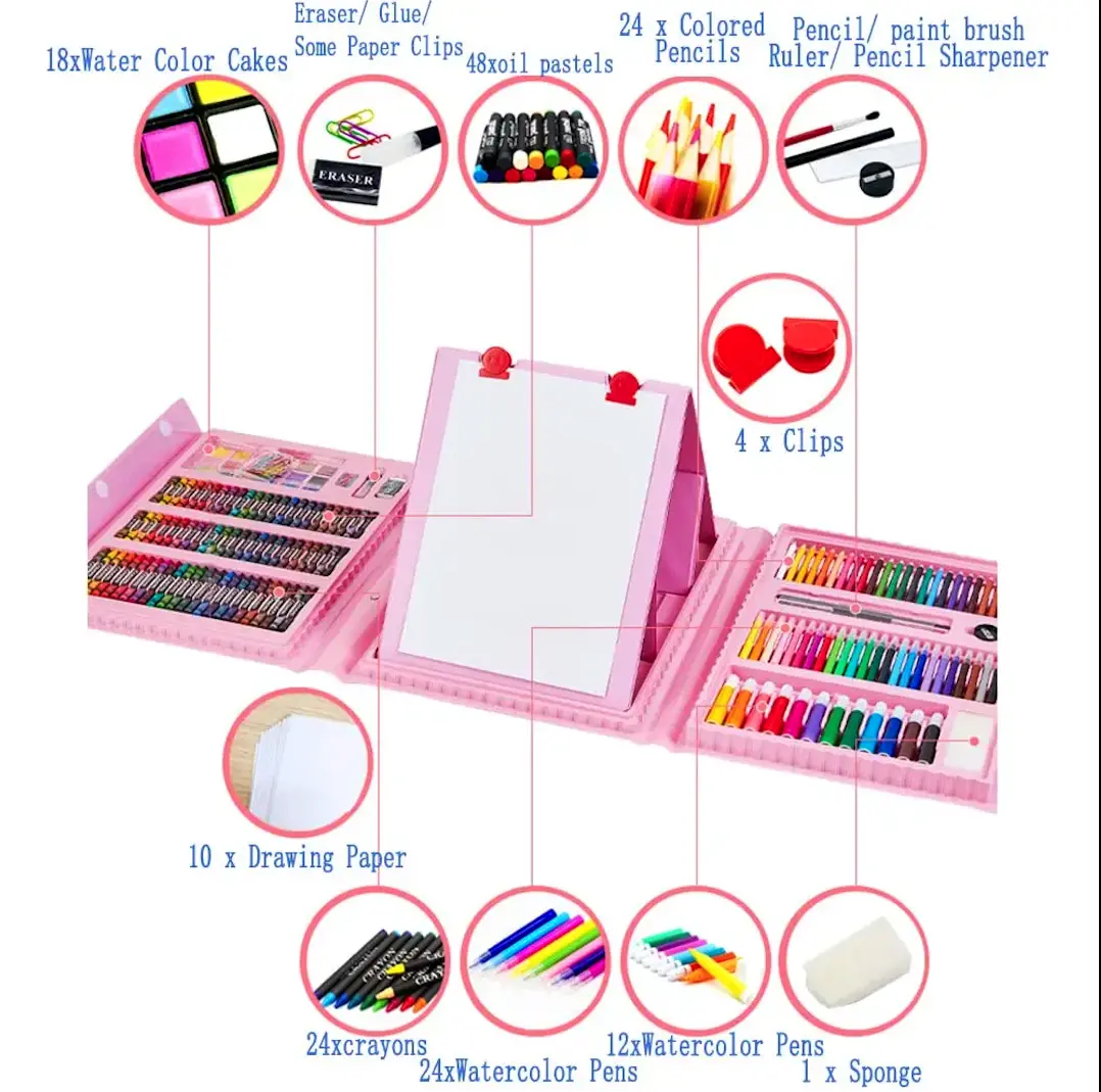 Picture of 208 Pcs Drawing Art Set Painting Drawing Supplies 208 Pcs For Kids-High Quality - Pink