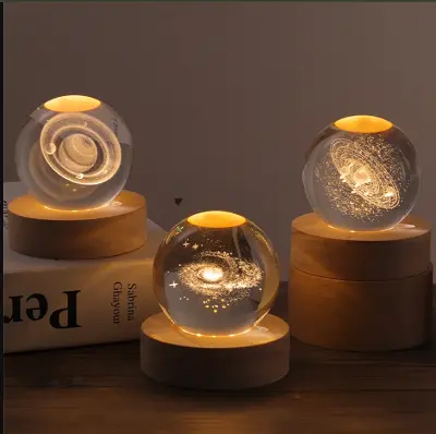 Picture of Elegant Solar System Crystal LED Table Lamp with Wooden Base