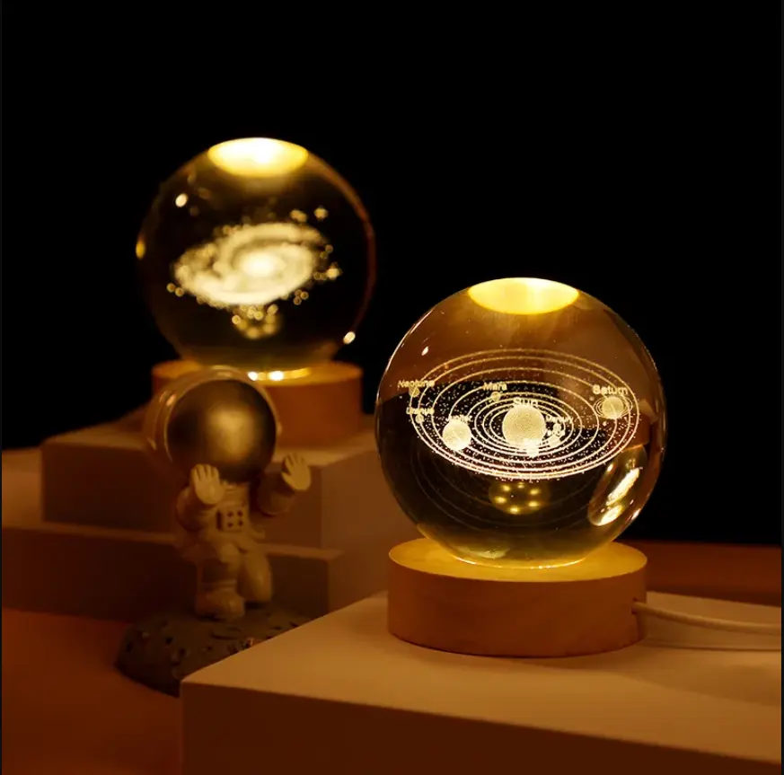 Picture of Elegant Solar System Crystal LED Table Lamp with Wooden Base